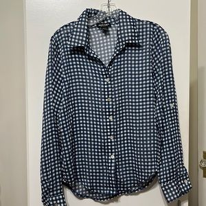 blue and white checkerboard button down shirt